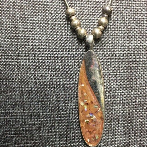 Long Oval Necklace Silver Pendant Amber Peach Sparkle Bead Retro BoHo Soft Girl - Picture 4 of 8